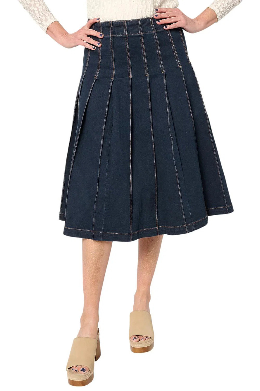 Peace Love World  Women's Black Label Pleated Denim Skirt Dark Wash - Regular